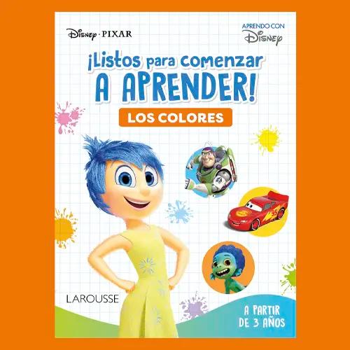 La portada de un libro que enseña los colores con personajes de Disney y Pixar como Alegría de Intensa-Mente, Buzz Lightyear, y Rayo McQueen.