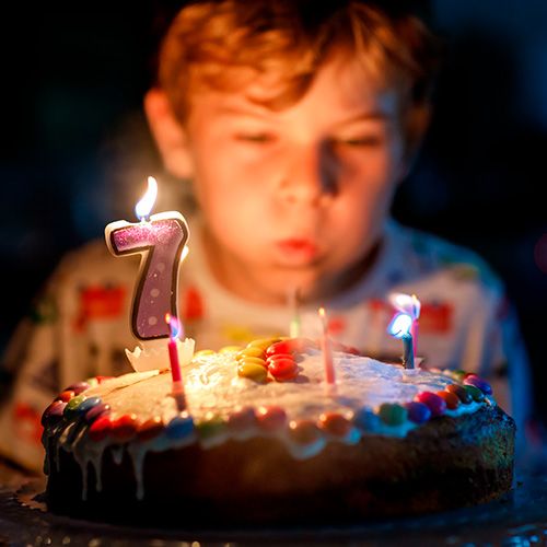 Niños soplandole a la vela de su pastel